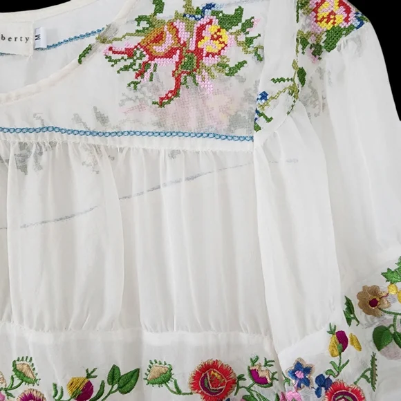 Johnny Was x 4 Love And Liberty White Silk Floral Embroidered Blouse Ruffles - Picture 3 of 15